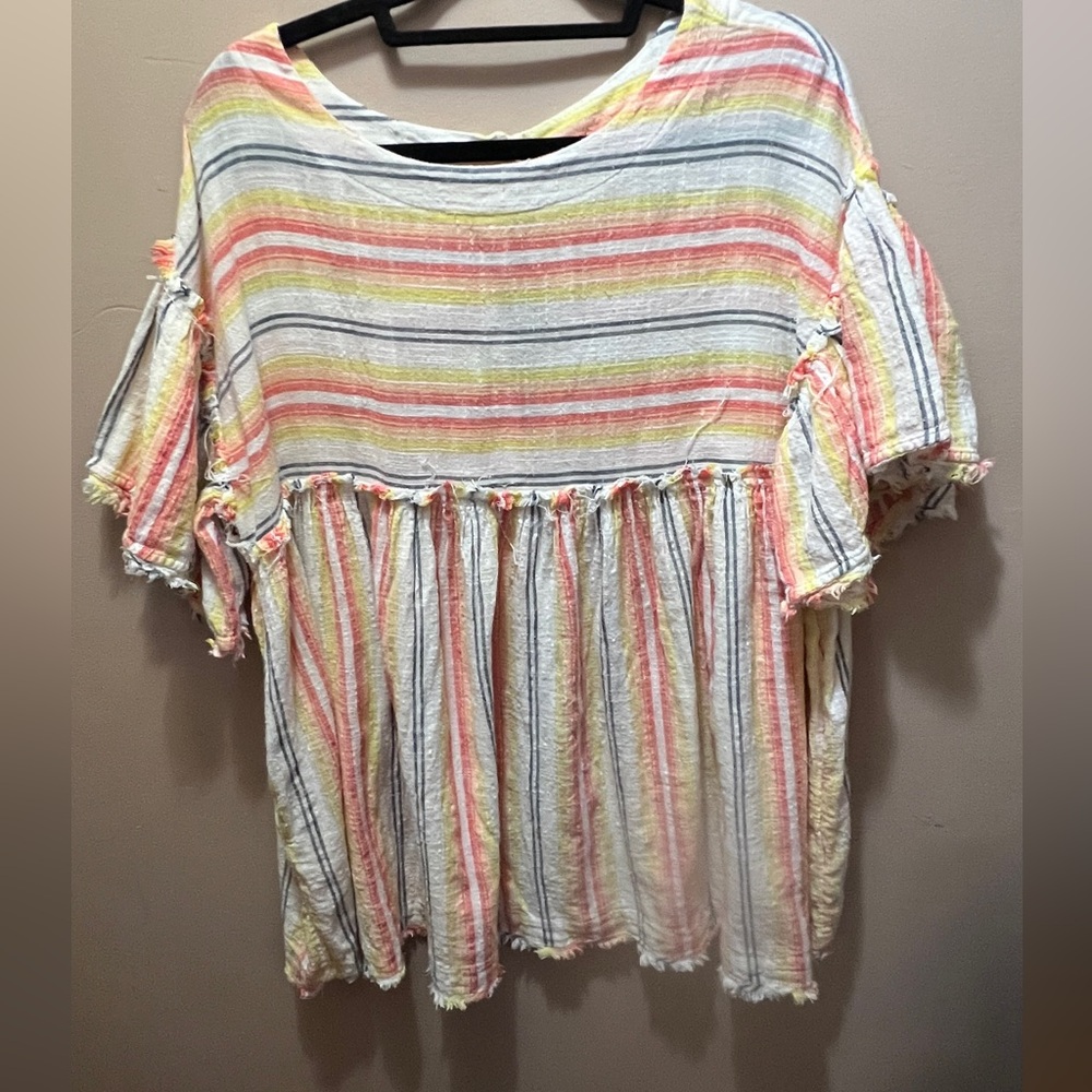 Free People Pastel Striped Short Sleeve Peplum Top